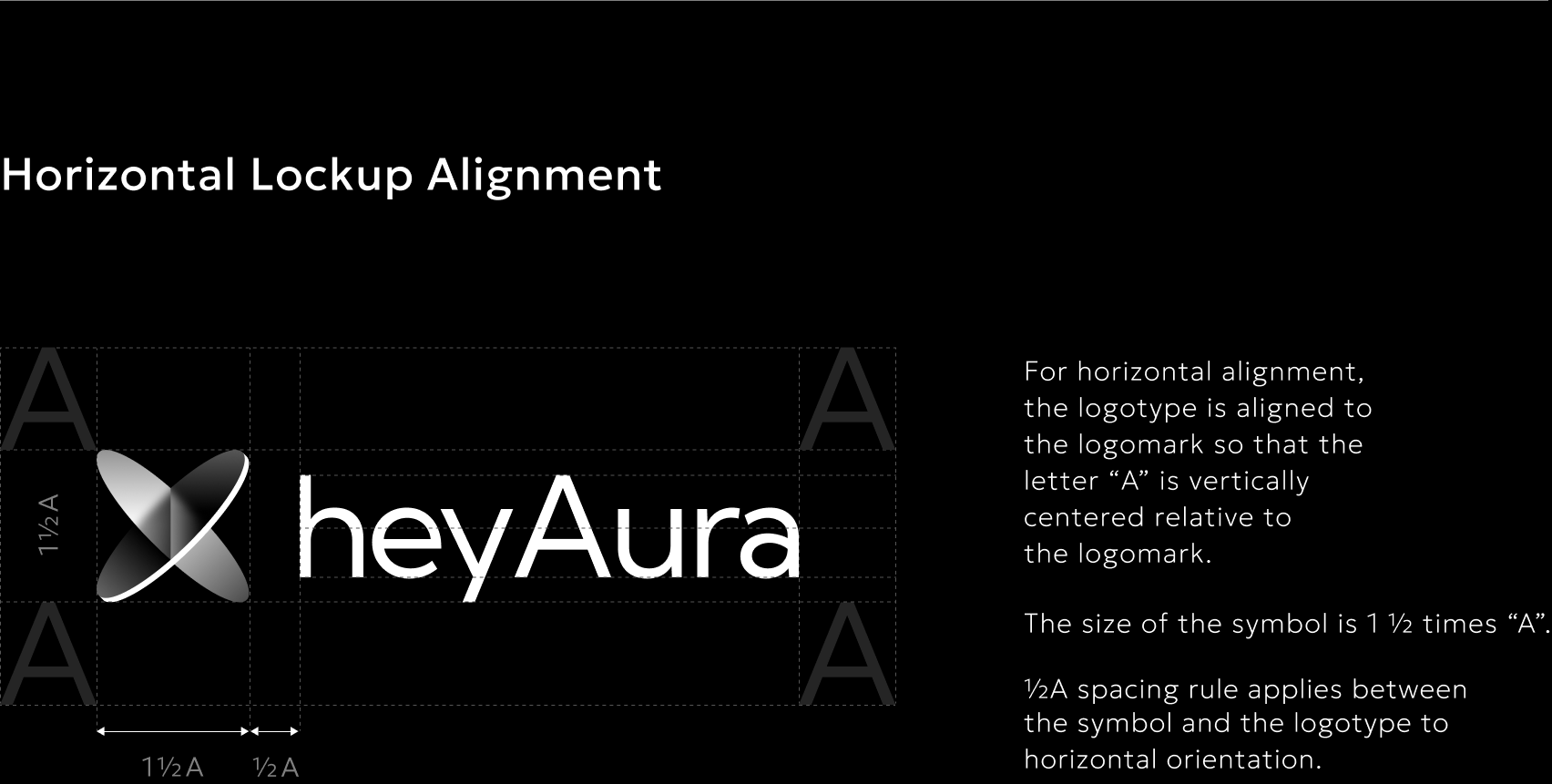 Horizontal heyAura full-logo alignment: the logomark is one and one-half times the height of A, with one-half A between the logomark and wordmark.