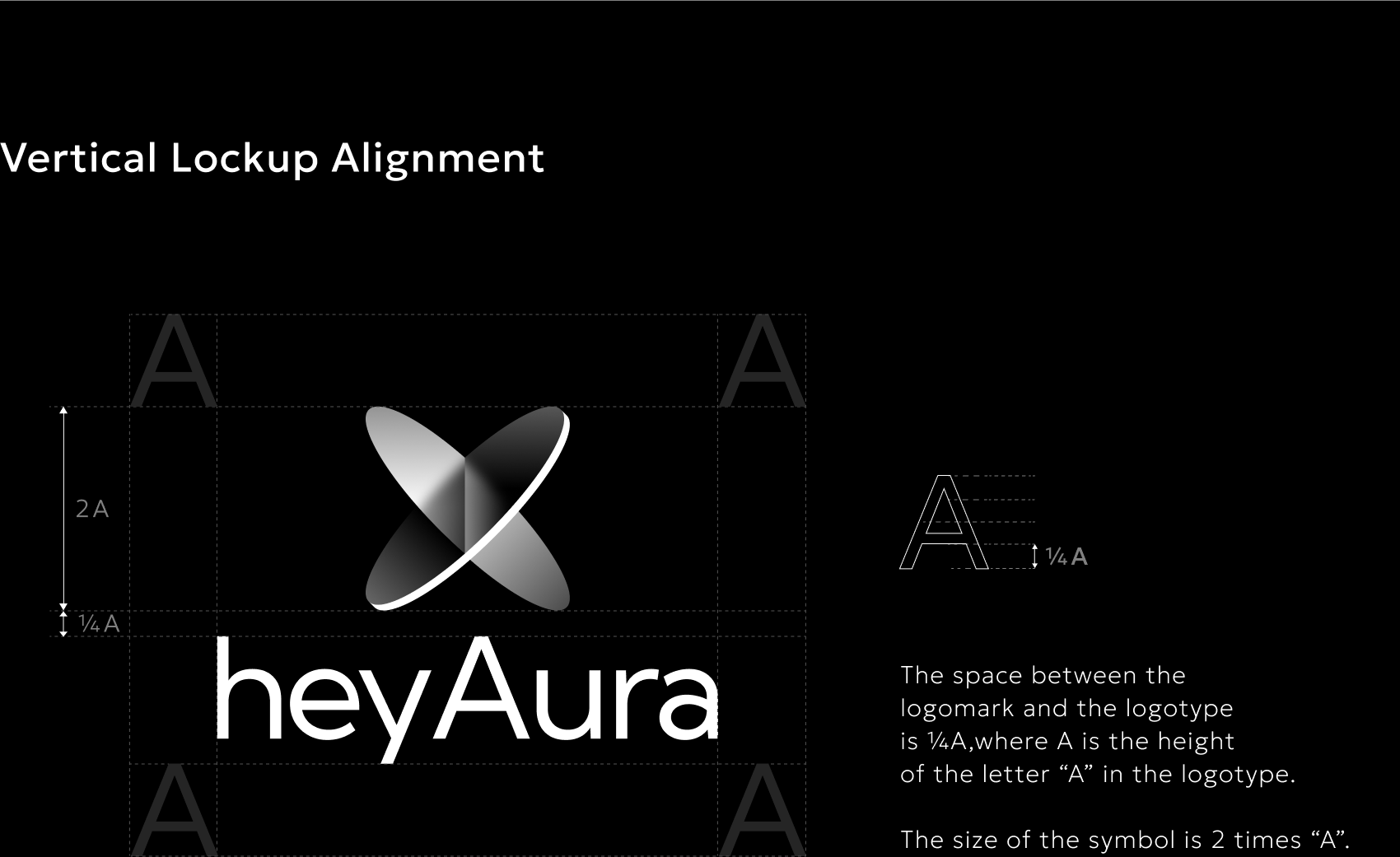 Vertical heyAura full-logo alignment: the logomark is two times the height of A, with one-quarter A between the logomark and wordmark.